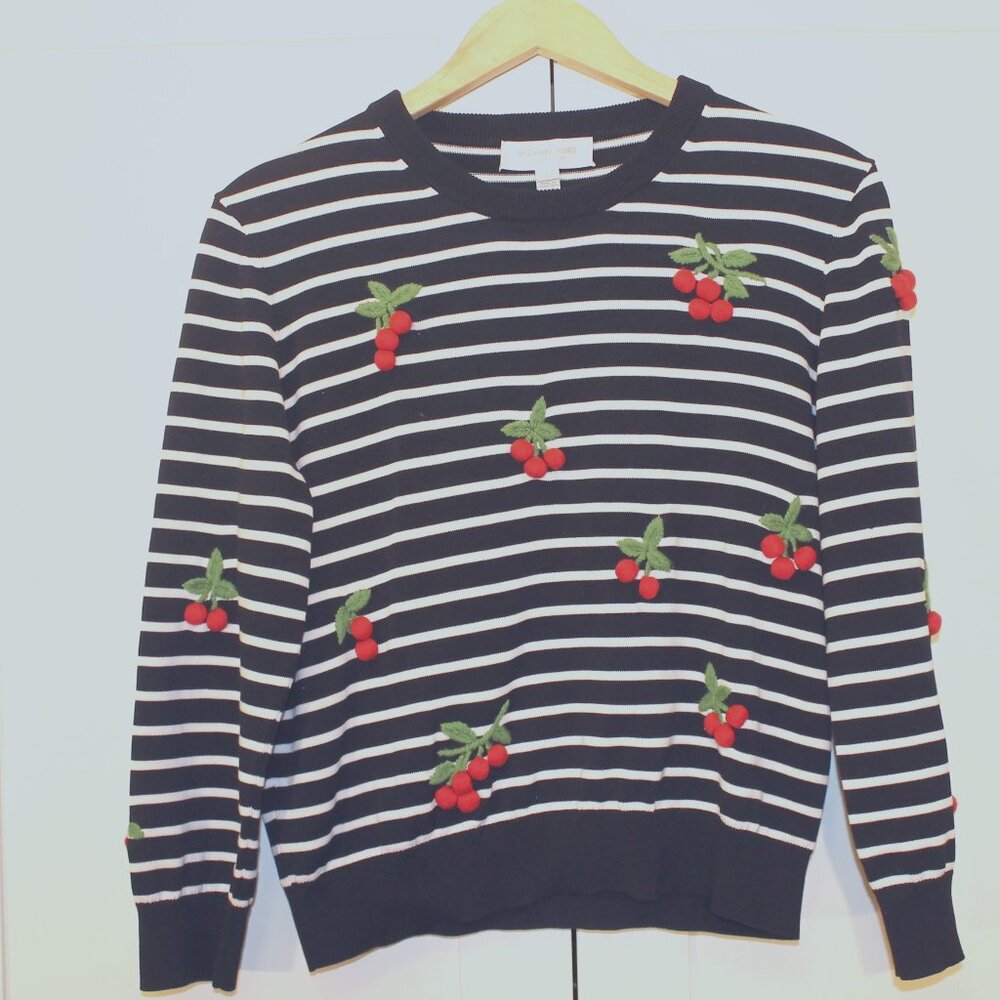 Michael Kors Black & White Striped Sweater with Raised Cherry Accents – Size L